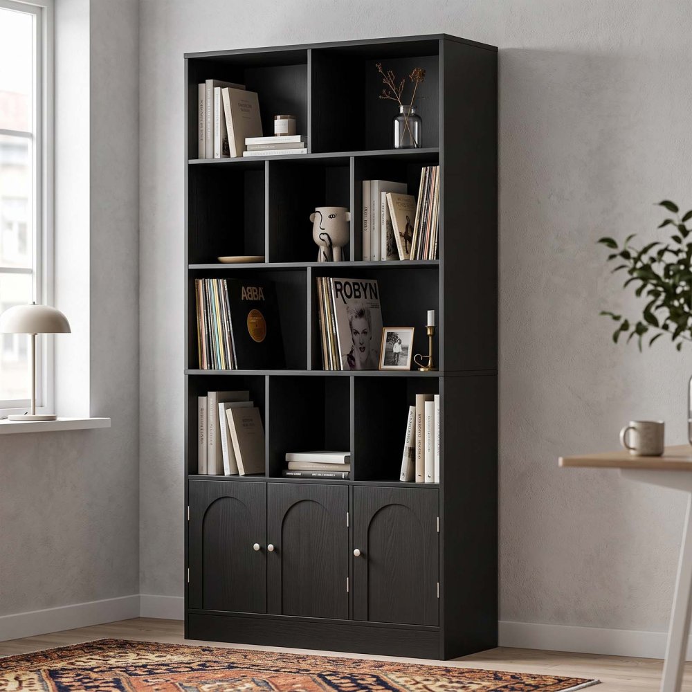 Black Wooden Open Cube Storage Library Cabinet