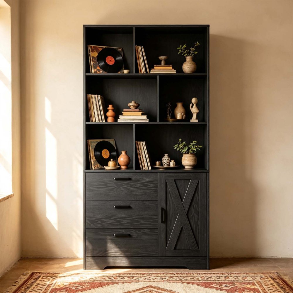 Tall 6 tier bookcase with Door and 3 Drawers