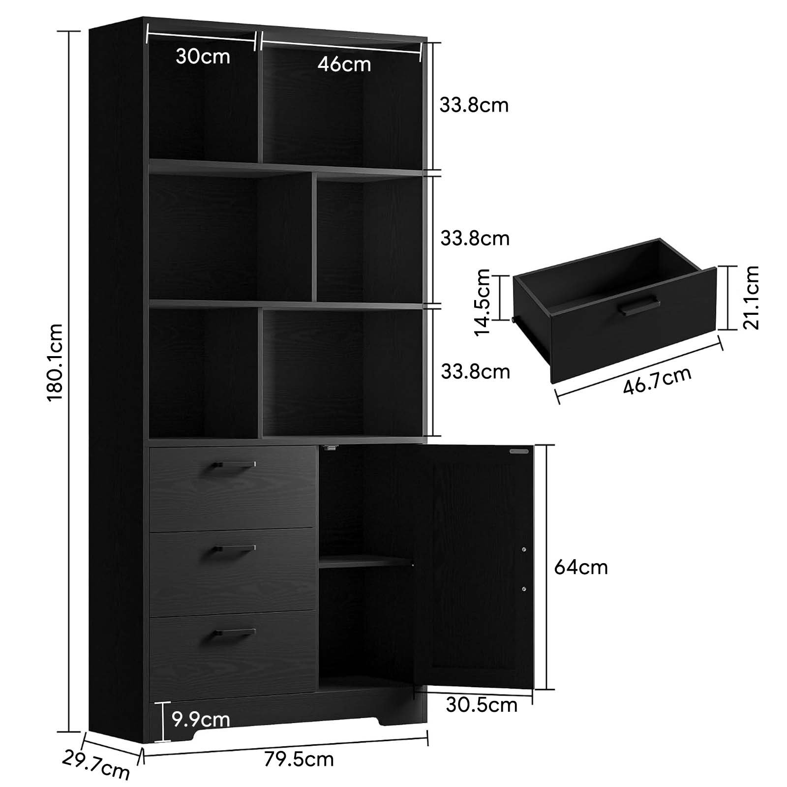 Tall 6 tier bookcase with Door and 3 Drawers - dimensions