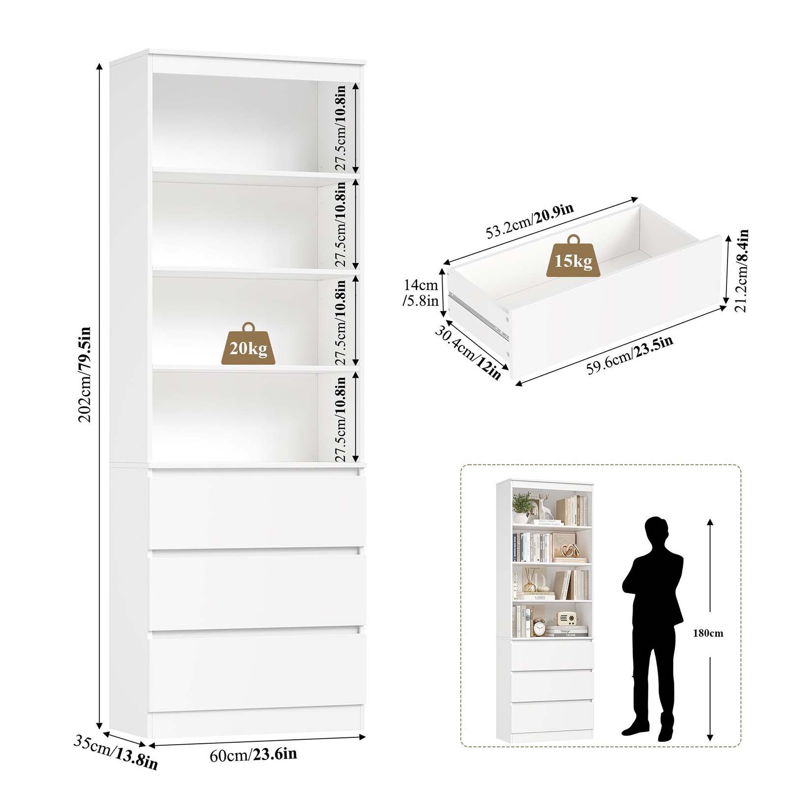 Freestanding 7 Tiers Bookshelf with Drawers - dimensions