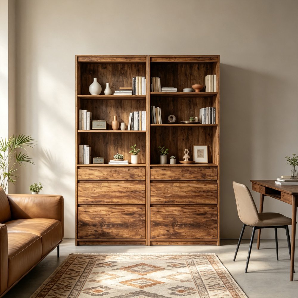 Rustic 6-Tier Bookcase with Shelves and Drawers