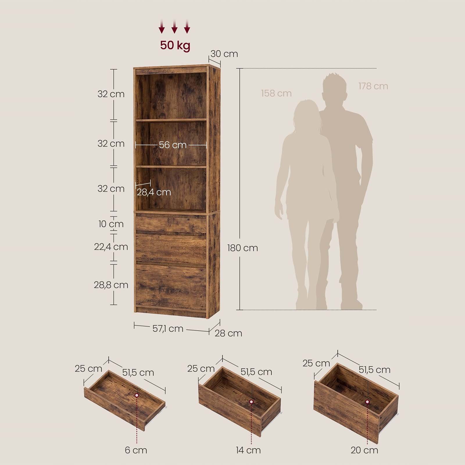 Rustic 6-Tier Bookcase with Shelves and Drawers - dimensions