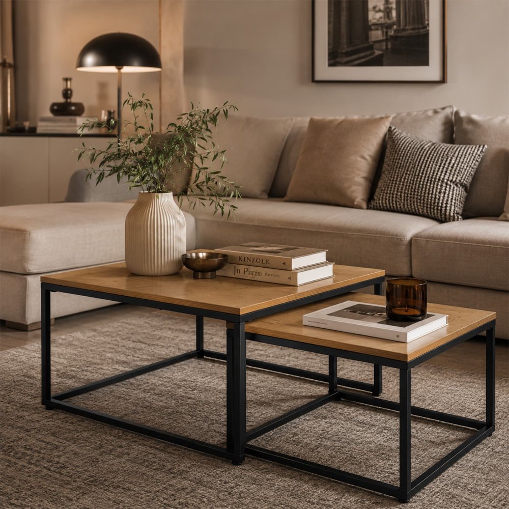 Set Of 2 Nesting Square Coffee Tables with Metal Frame