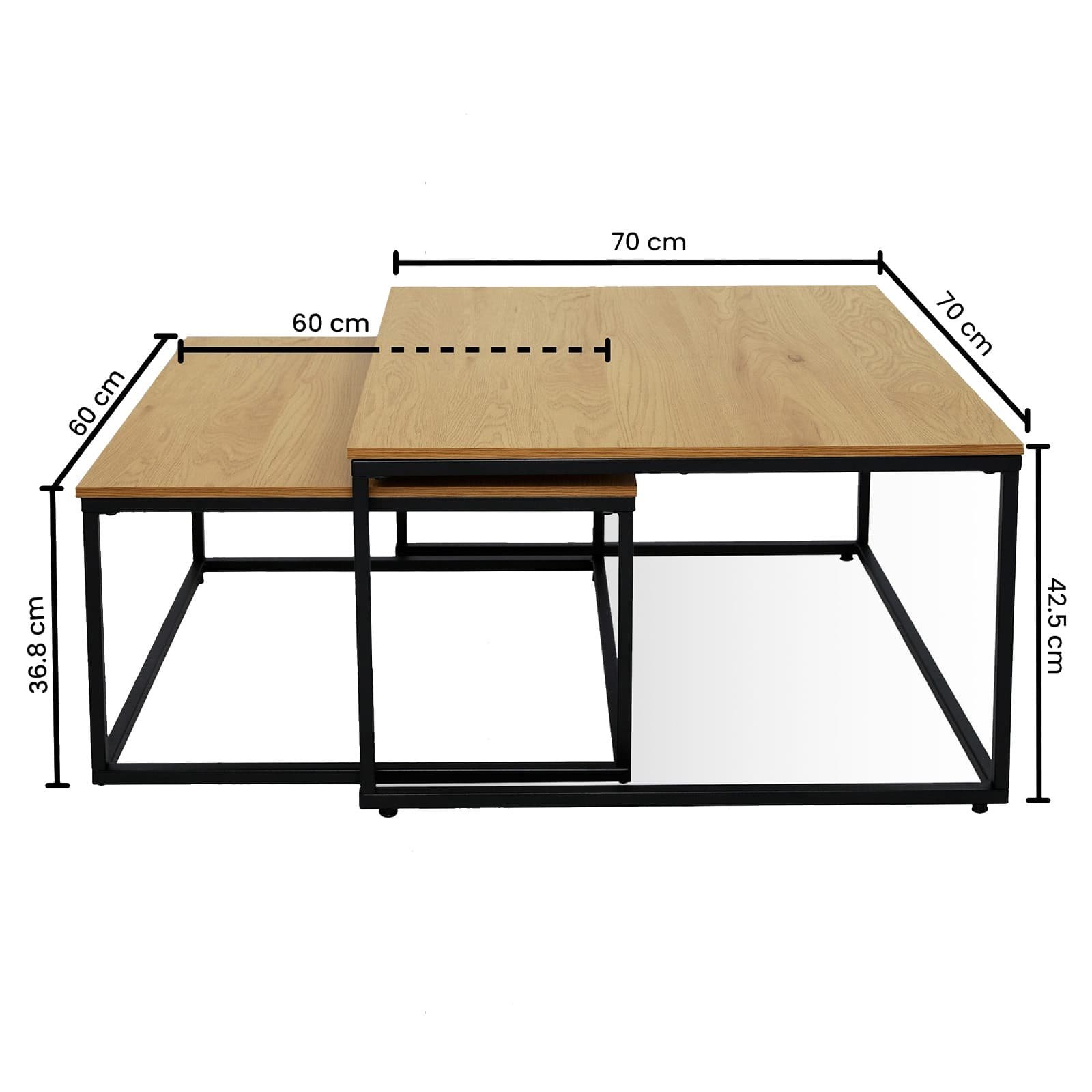 Set Of 2 Nesting Square Coffee Tables with Metal Frame - dimensions