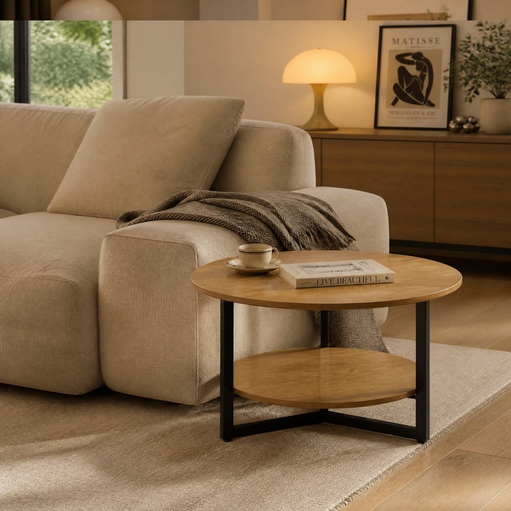 Wooden Round Small Side Table with Metal Frame