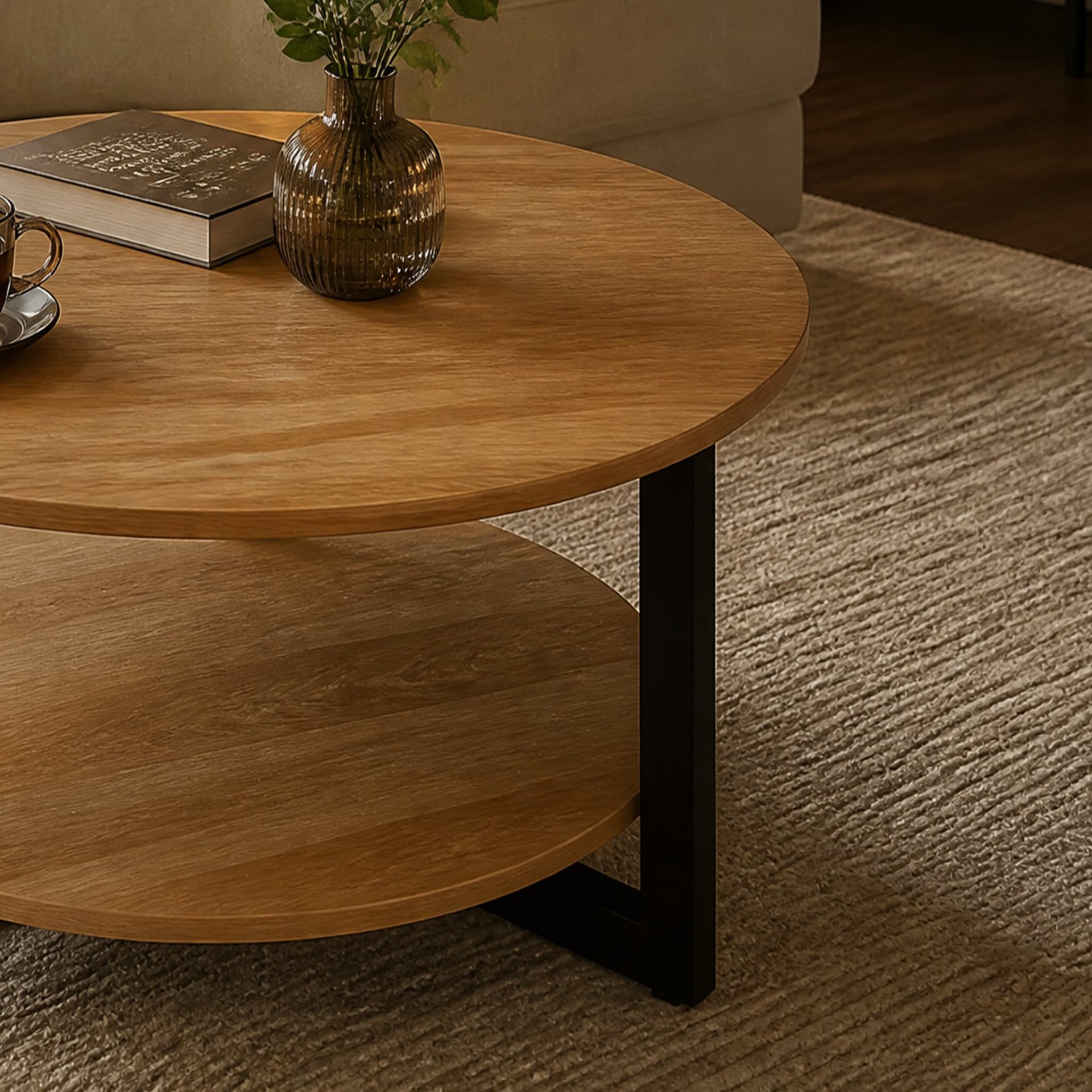 Wooden Round Small Side Table with Metal Frame - detail