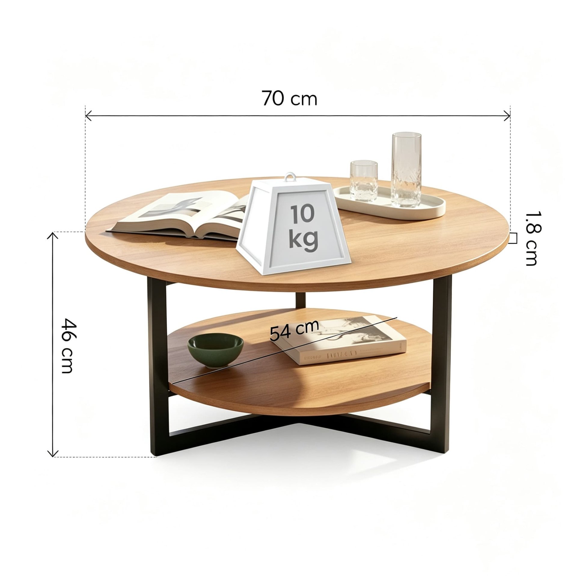 Wooden Round Small Side Table with Metal Frame - dimensions