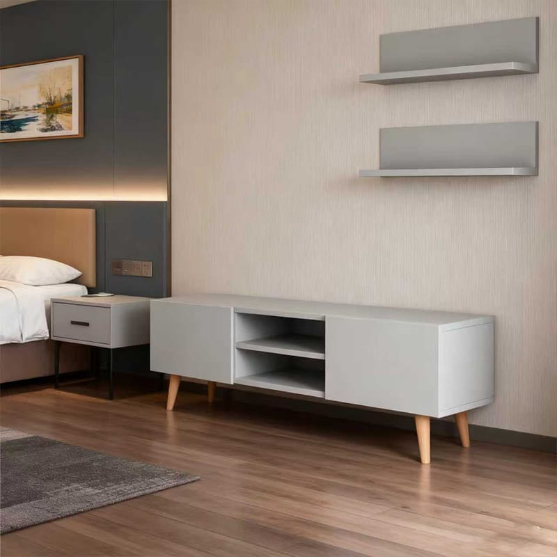 Modern Minimalist Scandinavian TV Stand - Matte Finish with Open Shelving & Solid Wood Legs, KD Flat Pack Furniture