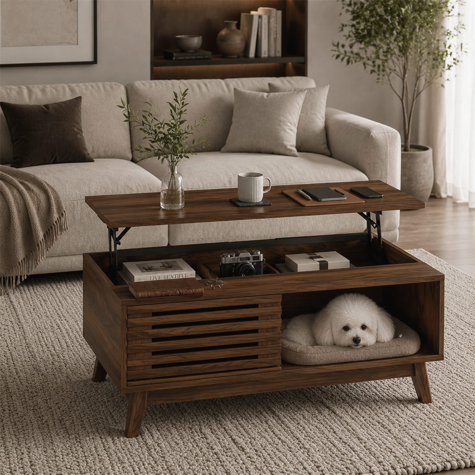 Mid Century Classic Lift-Top Coffee Table with Sliding Fence Door 1