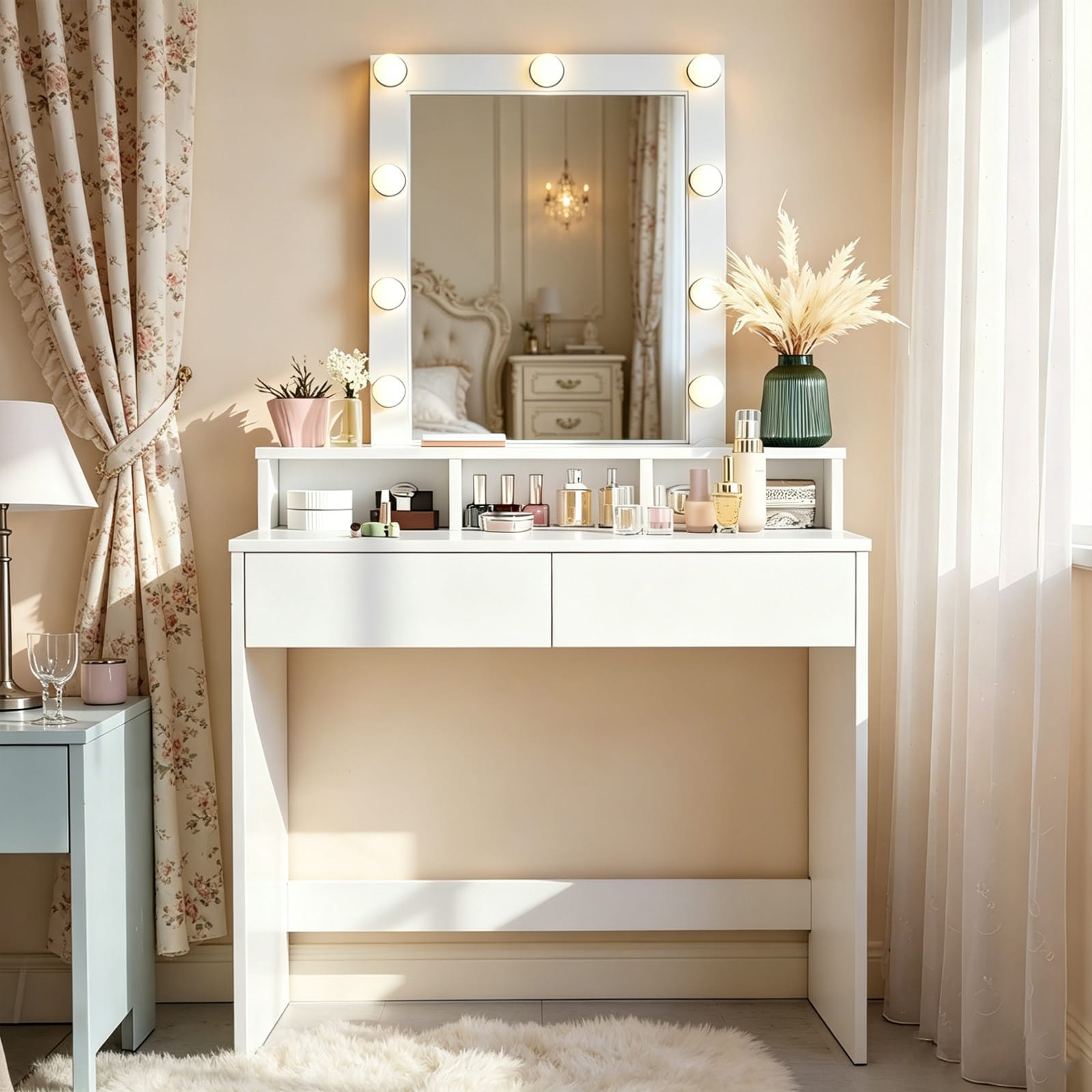 Minimalist LED Mirror Makeup Table with 2 Drawers - front view