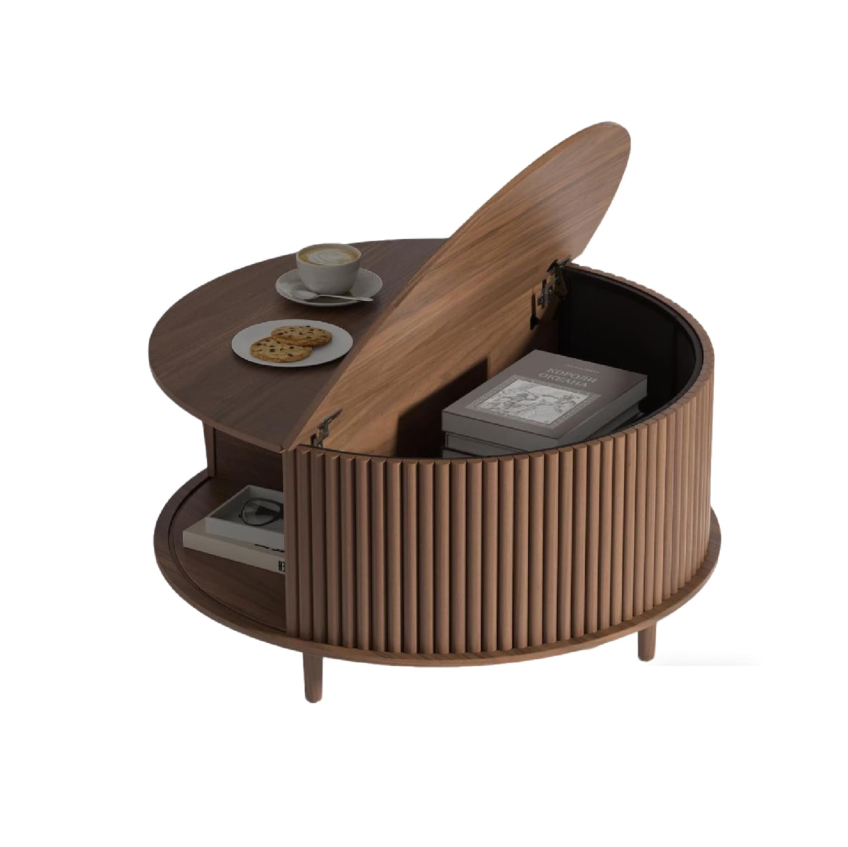 Mid Century Fluted Round Coffee Table With Sliding Cabinet Door - picture 3