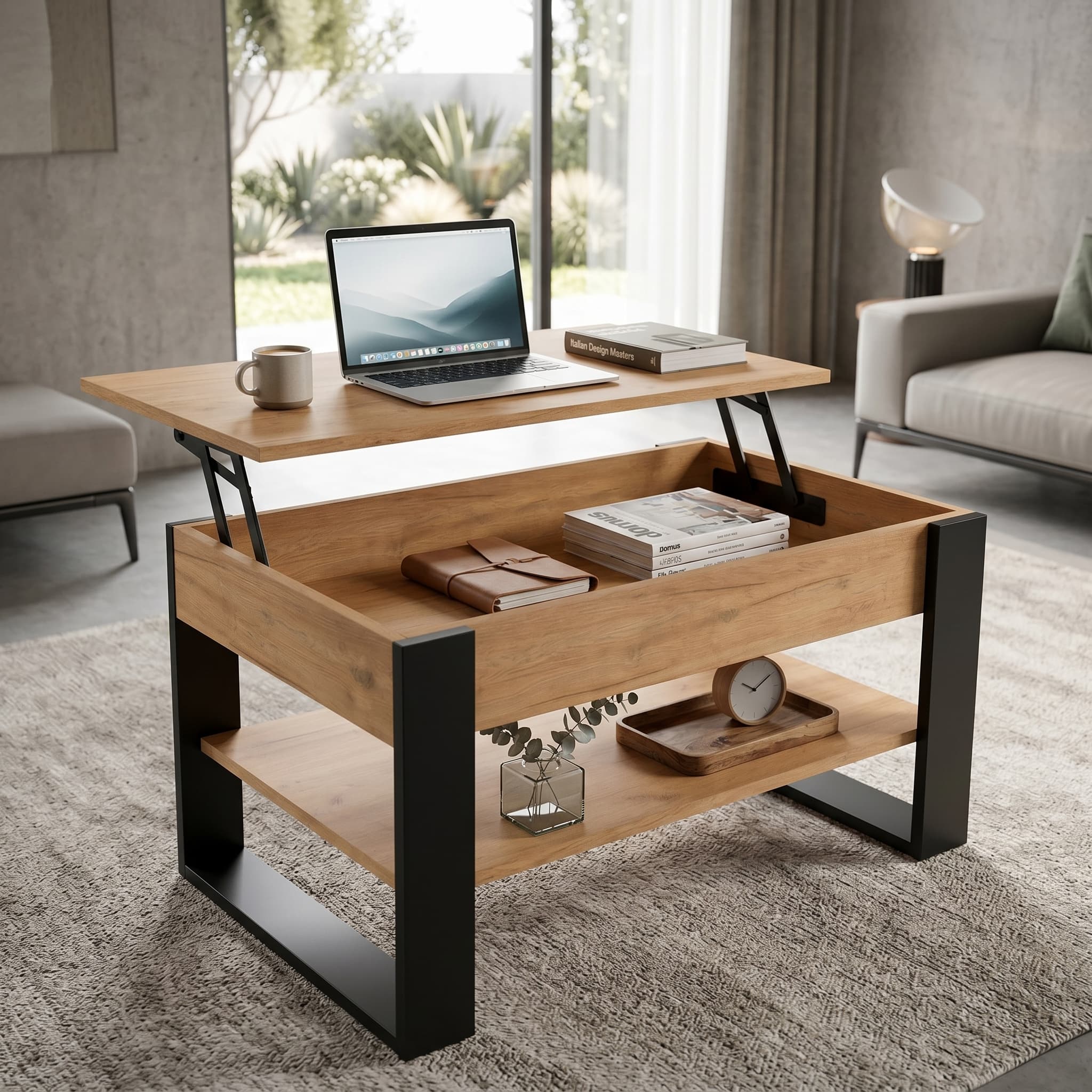 Industrial Gold Black Lift-Top Coffee table with Shelf and Hidden Compartment - front view