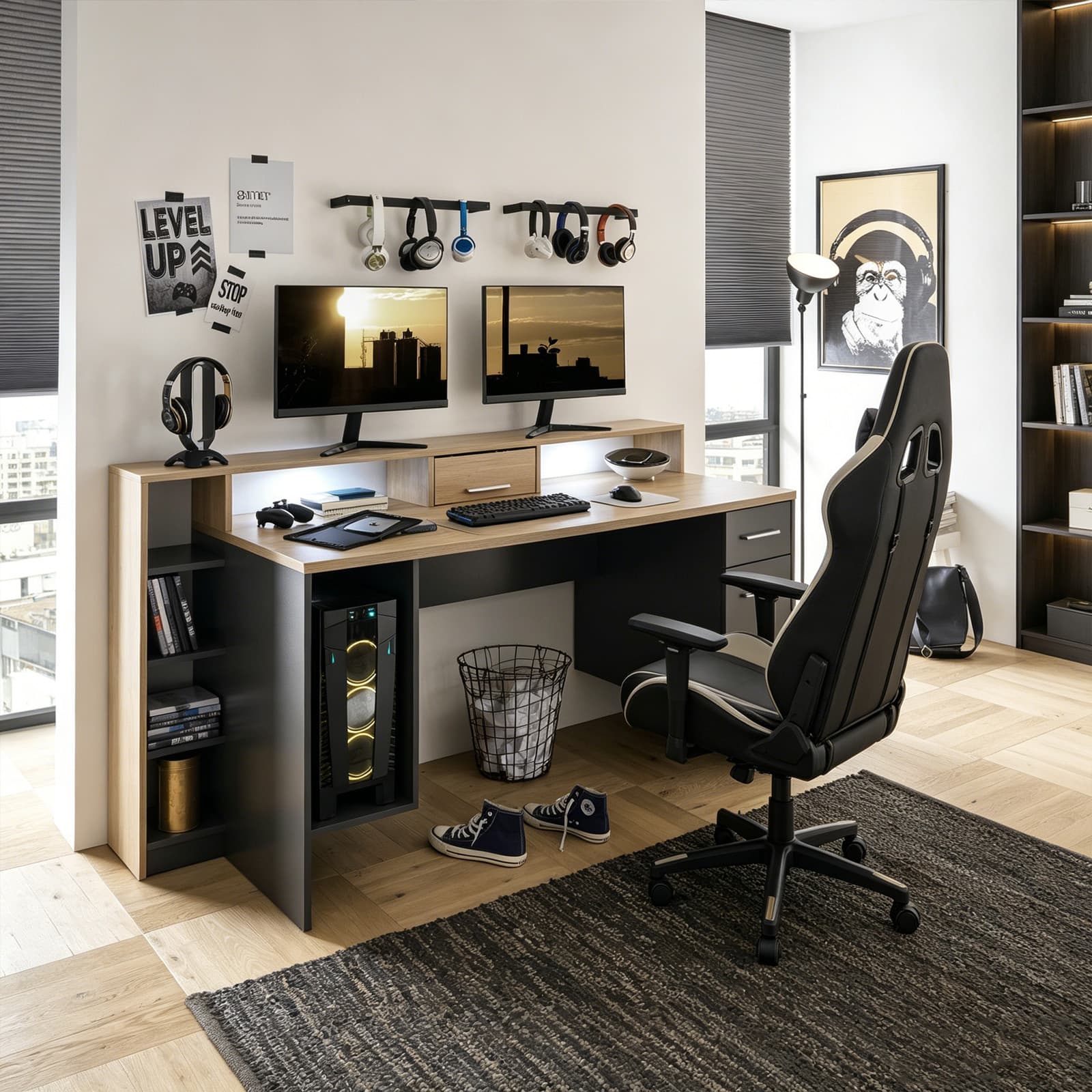 Large Grey Desktop PC Table with Shelves & Drawers - front view