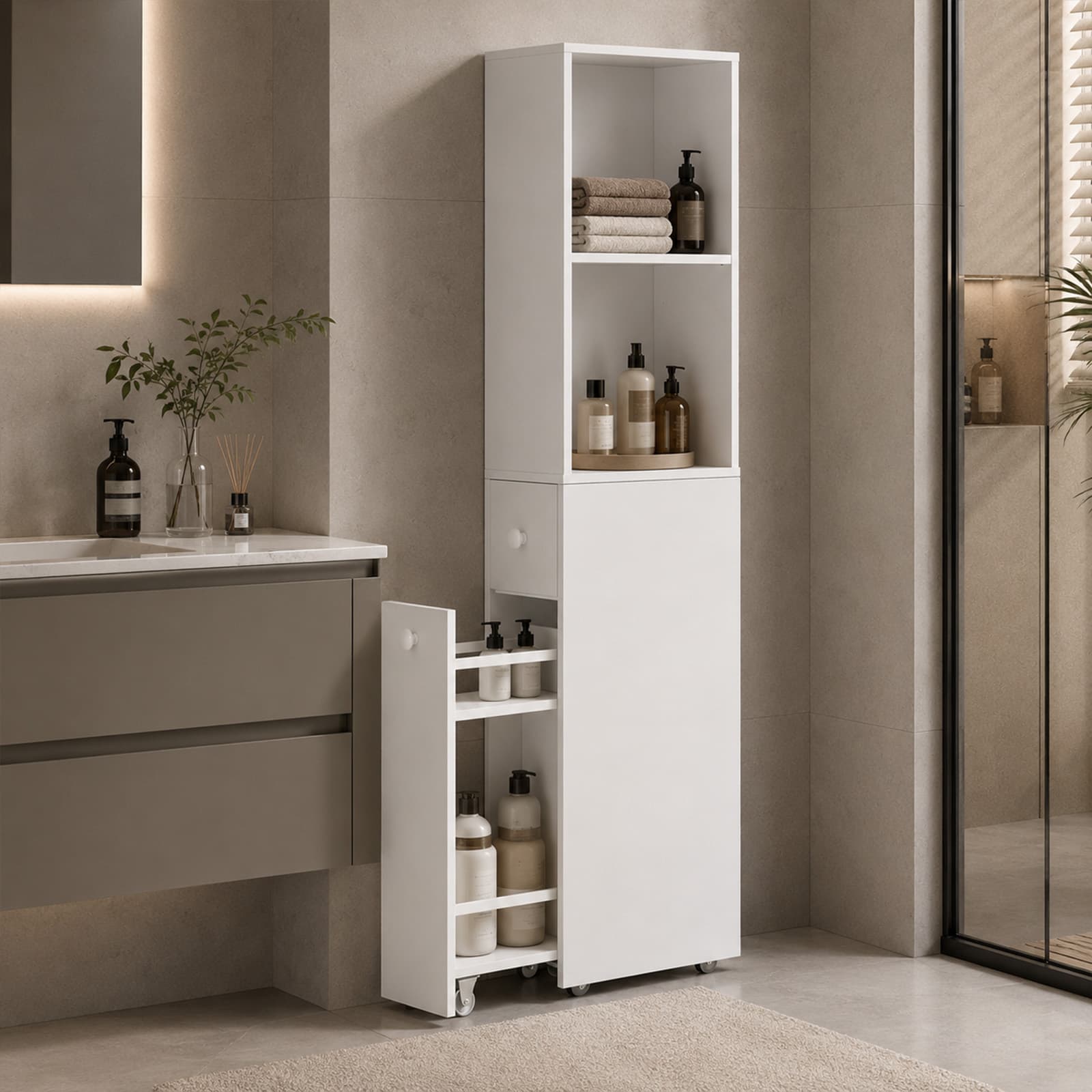 Freestanding Slim Design Bathroom Storage Cabinet with Drawer and Adjustable Shelf - front view
