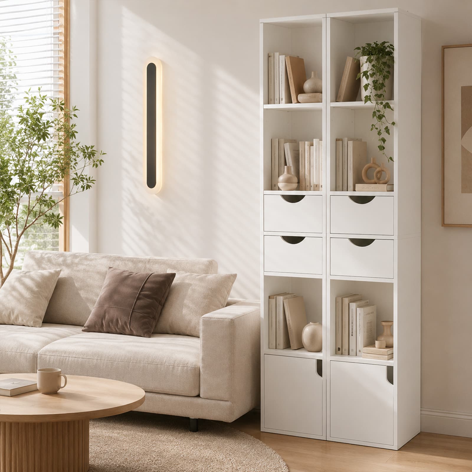 Tall Skinny Narrow Bookshelf with Drawers for Small Spaces - picture 2
