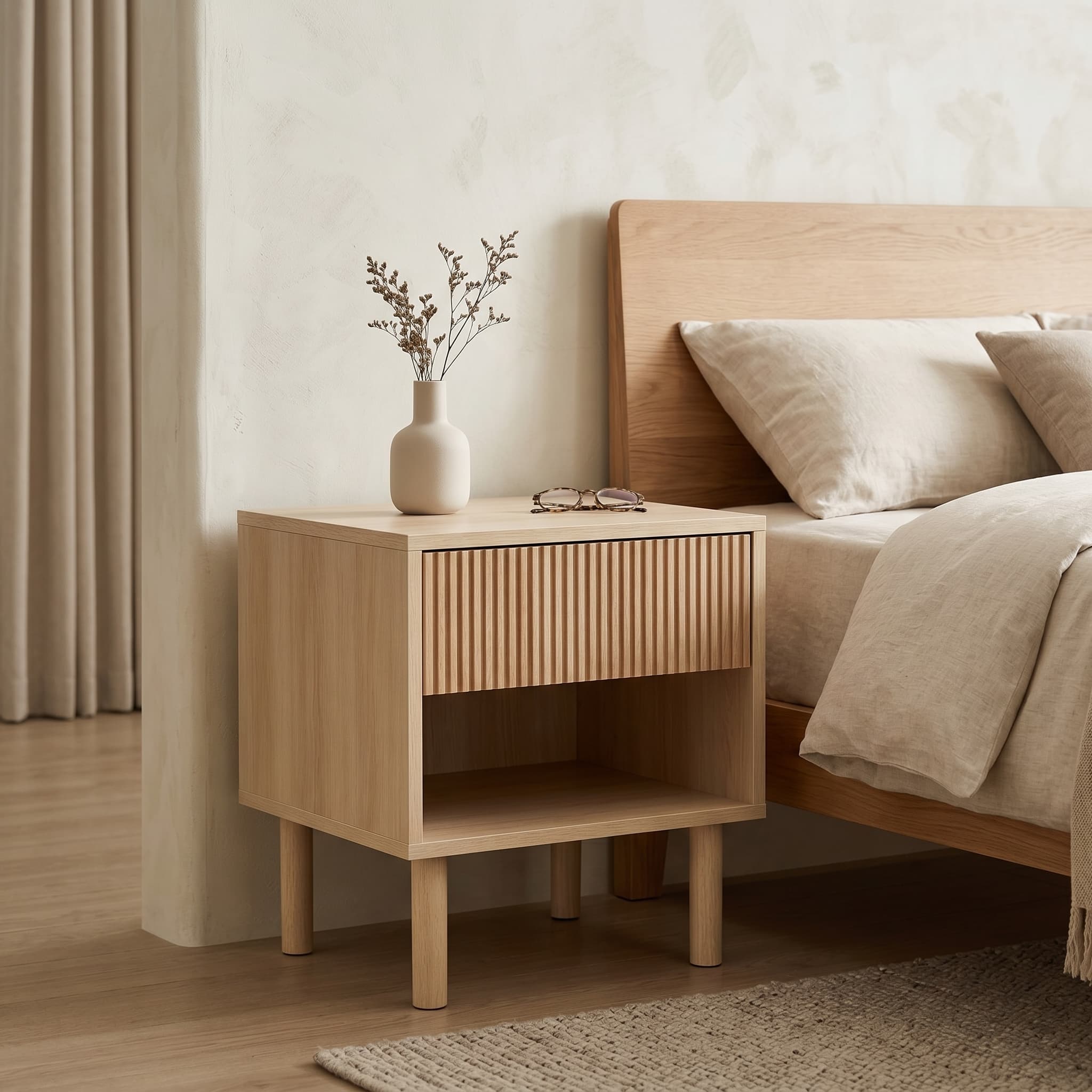 Natural Side Table with Fluted Drawer and Shelf for Bedroom Living Room - front view