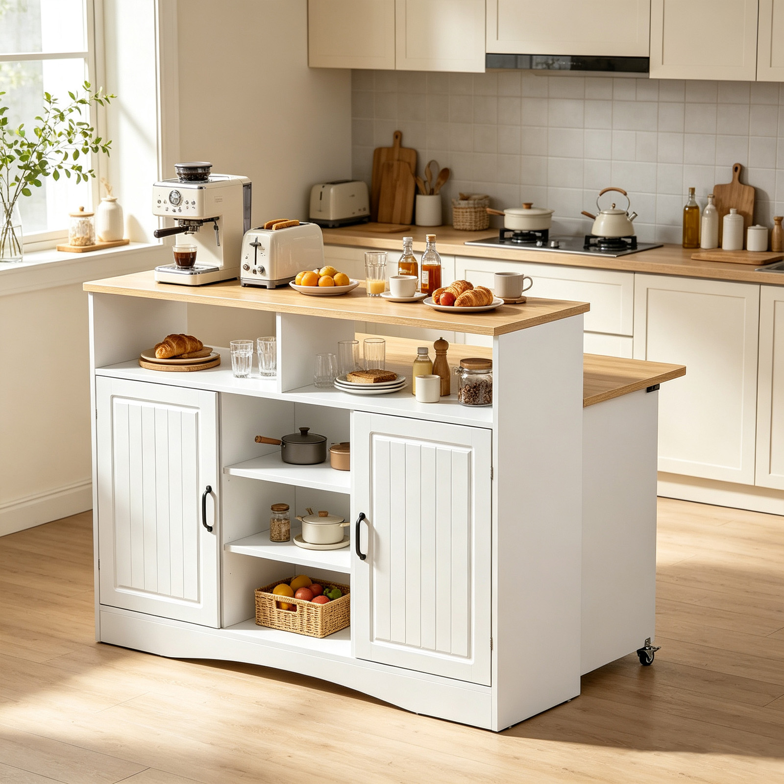 Multifunctional Storage Extendable Top Kitchen Island - front view