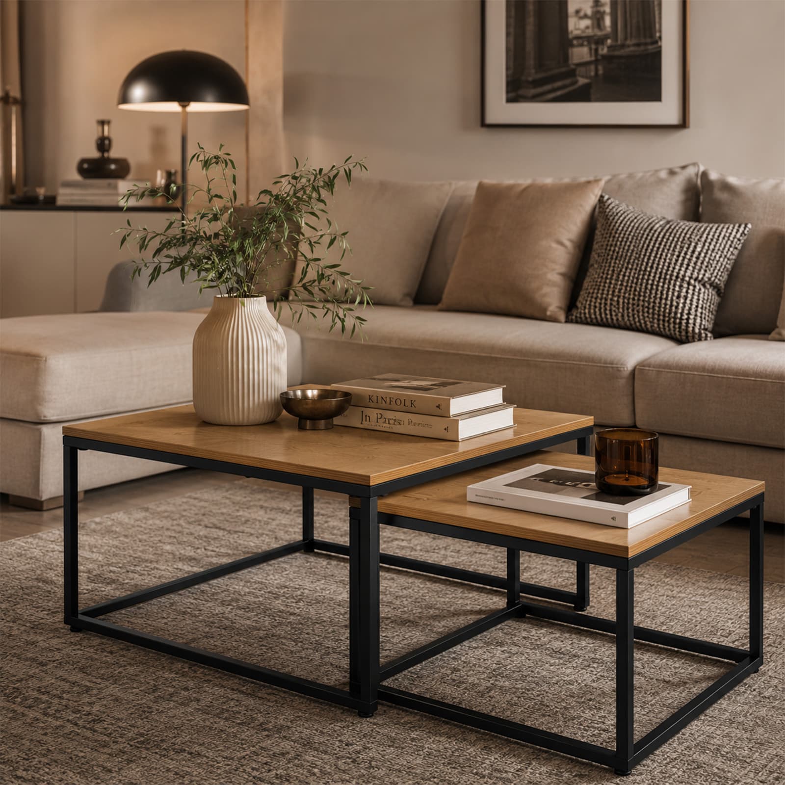 Set Of 2 Nesting Square Coffee Tables with Metal Frame - front view