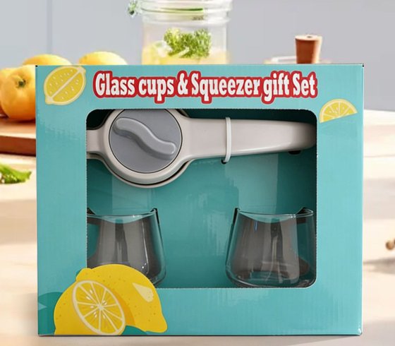 Juego de regalo de vasos de cristal y exprimidor