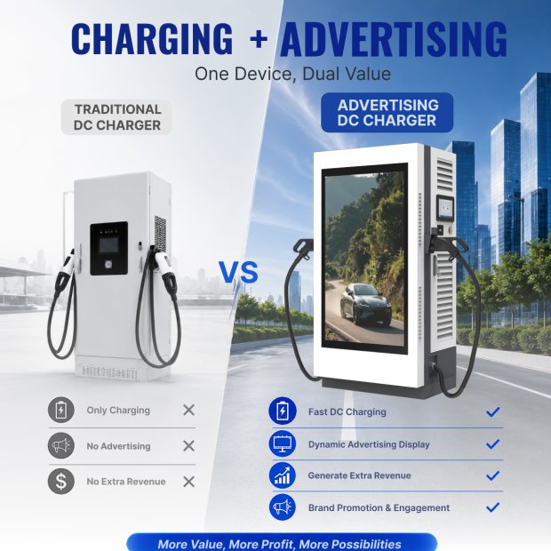 Outdoor EV charging station with advertising screen