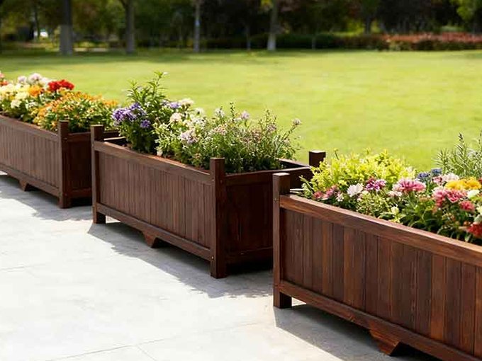 Maceta plana de madera para flores