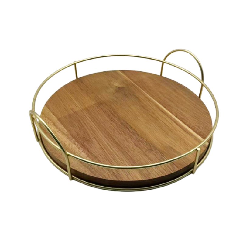 Round Wood Gold Rim Tray For Home Coffee Snack Storage Display Decor