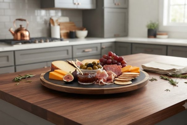 New Arrival: 360° Rotatable Slate & Acacia Wood Round Serving Board for Charcuterie & Entertaining