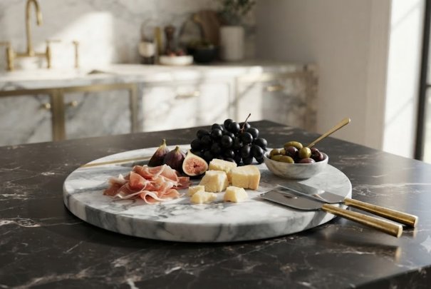 New Arrival: Luxury Round Marble Tray With Gold Inlay & Ergonomic Handle – Customizable Wholesale Serving Platter