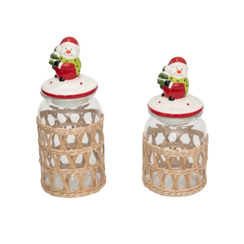 Glass storage jar with woven body and Xmas ceramic lid,800ml 500ml #EVS270025