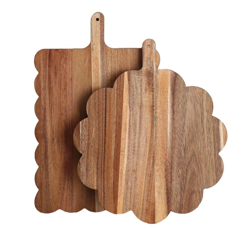 Scalloped Edge Acacia Wood Cutting Board, Solid Wood Serving Tray for Western Food, Desserts & Cheese