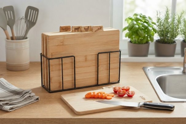 New Arrival: Classified Bamboo Cutting Board Set With Iron Wire Storage Frame – Your Sanitary Kitchen Prep Essential