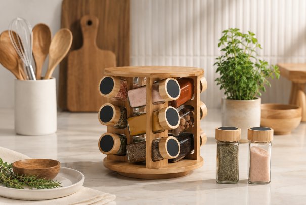 New Arrival | 12PCS Glass Storage Jar with Bamboo Lid and Rotating Bamboo Stand – A Stylish & Space-Saving Kitchen Organizer