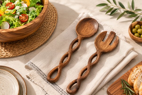 New Arrival | Hand Carved Twisted Handle Acacia Wood Salad Serving Spoon & Fork Set