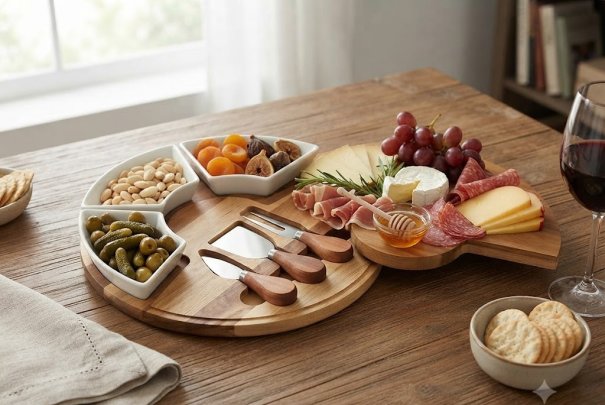 New Arrival Alert: Rotatable Round Acacia Wood Cheese Board Set with Lid – Customizable Charcuterie Platter for Wholesale & Private Label