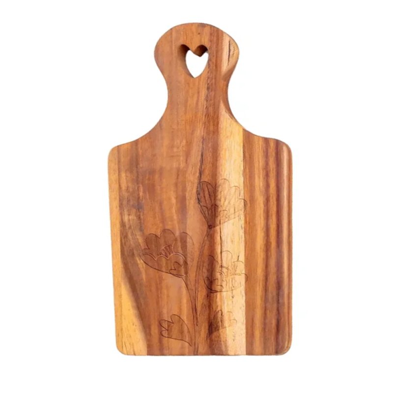  Acacia Wood Paddle Serving Board with Flower Engraving and Heart Cutout Handle