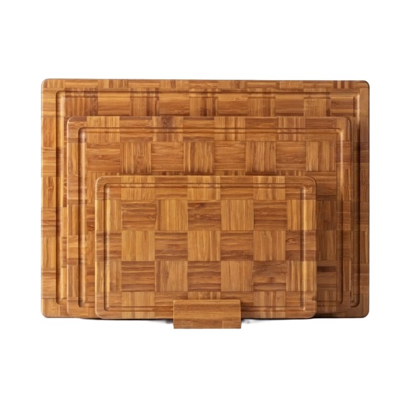 Rectangular End-Grain Bamboo Cutting Board Set for Kitchen Prep with Storage Stand