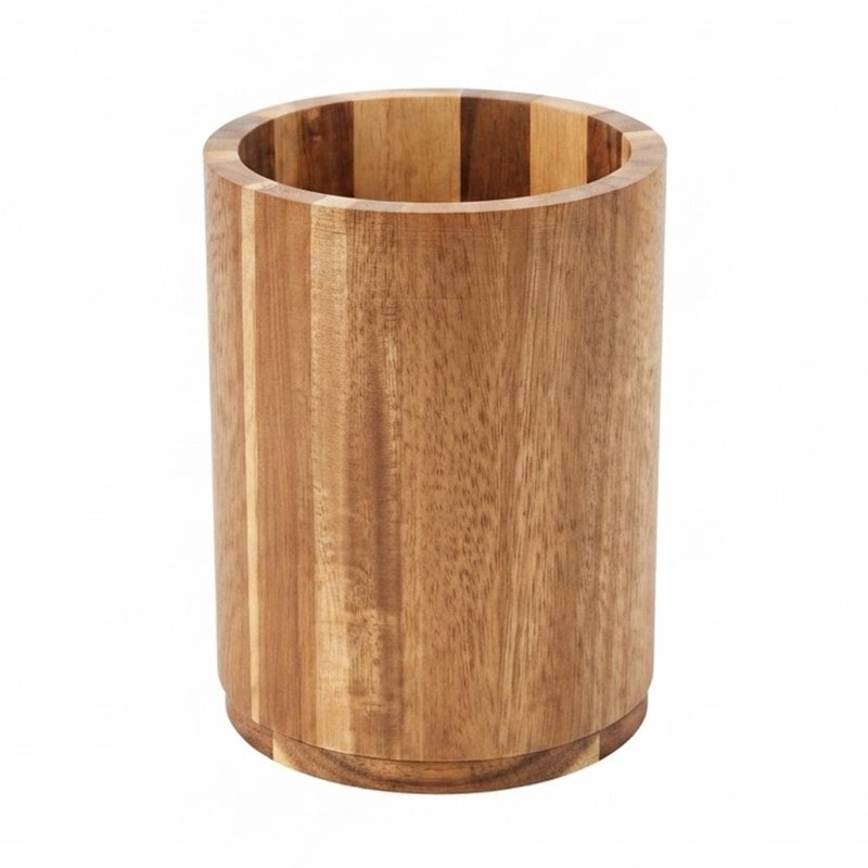 Acacia Wood Cylindrical Utensil Holder for Kitchen Tool Storage and Countertop Organizing