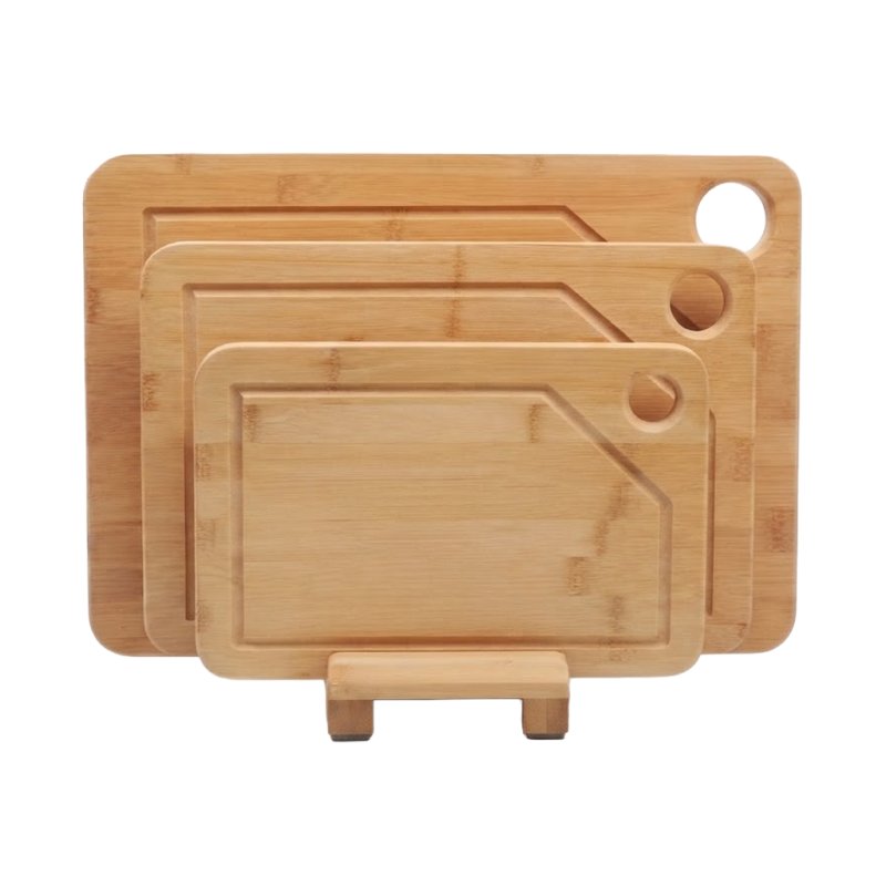 Rectangular Natural Bamboo Cutting Board Set for Kitchen Prep with Storage Stand