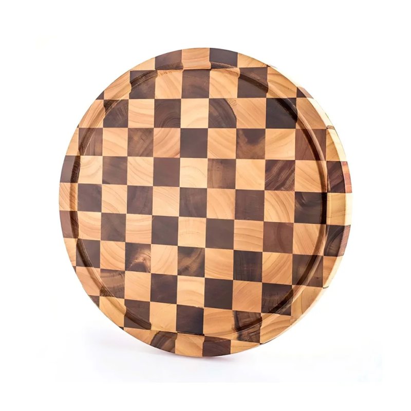 Round End-Grain Checkered Rubber Wood Cutting Board With Surrounding Juice Groove