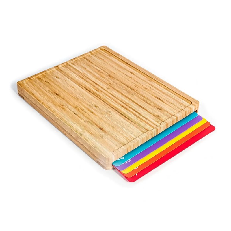 Rectangular Bamboo Cutting Board With Color-Coded Flexible Cutting Mats For Kitchen Prep