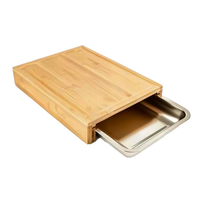 Eco-Friendly Rectangular Bamboo Cutting Board with Integrated Stainless Steel Storage Tray for Kitchen Food Prep