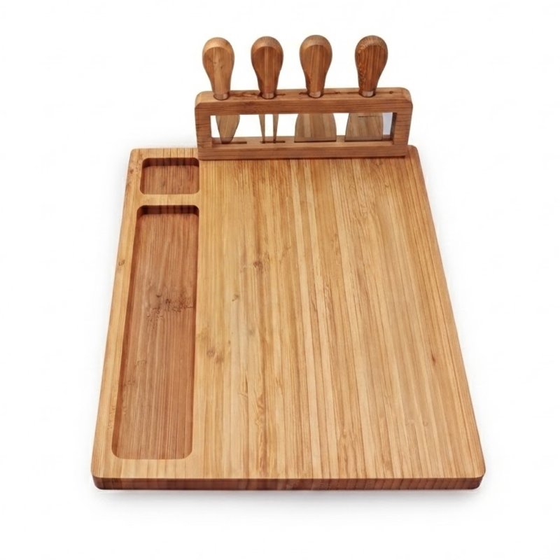 Rectangular Bamboo Cutting Board With Cheese Knives For Charcuterie And Appetizer Serving