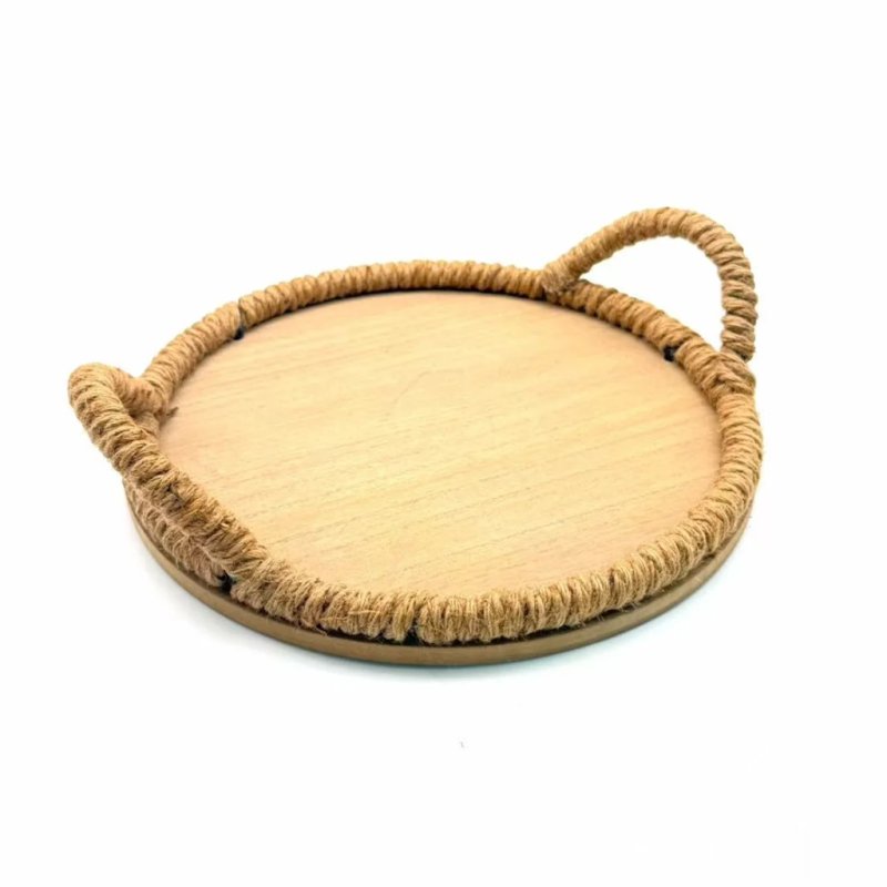  Round Wooden Serving Tray with Natural Jute Rope Rim and Dual Carry Handles