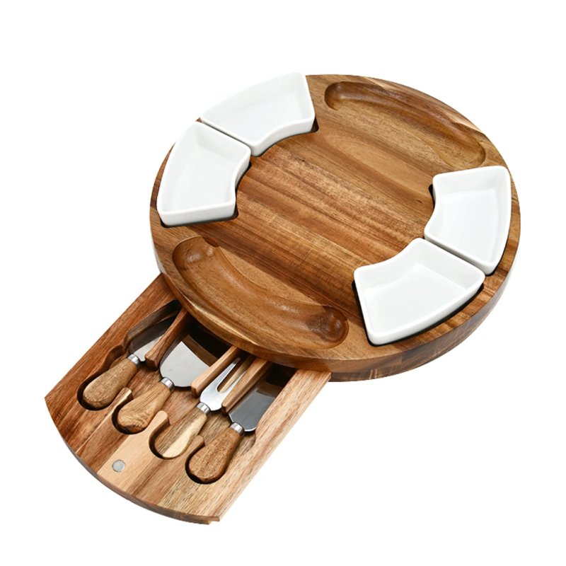 Round Acacia Wood Cheese Board Set With Drawer, Ceramic Dishes And Cheese Utensils