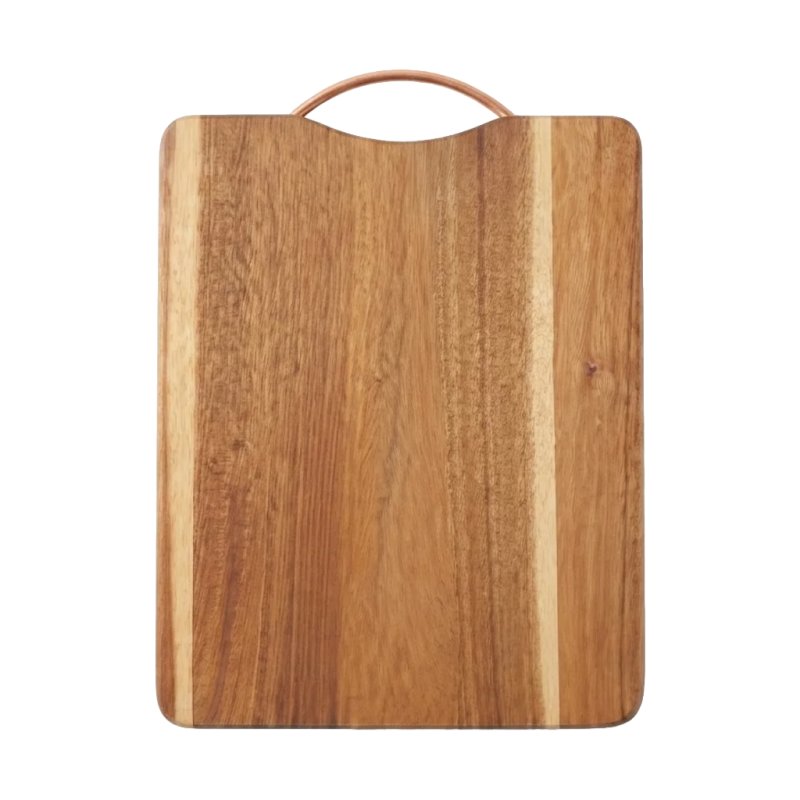 Rectangle Two-Tone Striped Acacia Wood Cutting Board With Metal Handle For Kitchen Food Prep Serving Platter