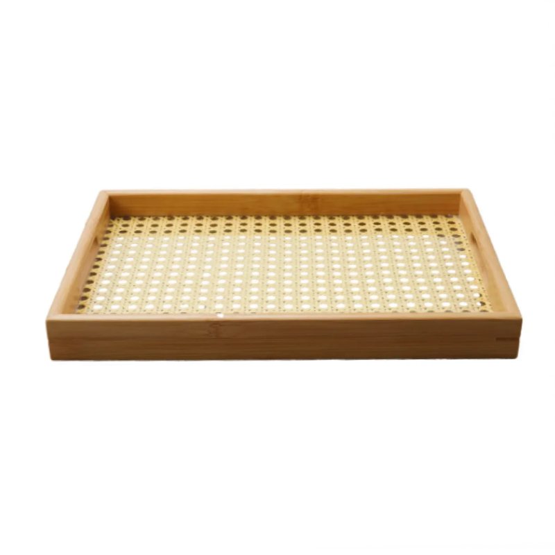 Rectangular Woven Mat Lined Bamboo Tray for Tea, Dessert and Daily Food Table Serving