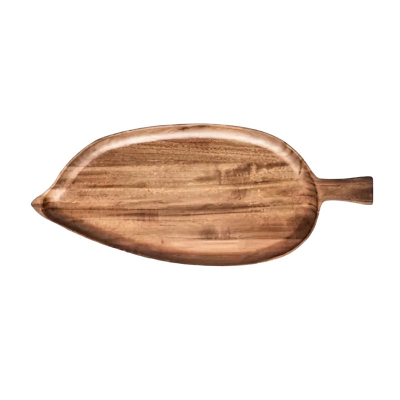 Leaf-shaped Acacia wood tray with handle for serving snacks, desserts and appetizers
