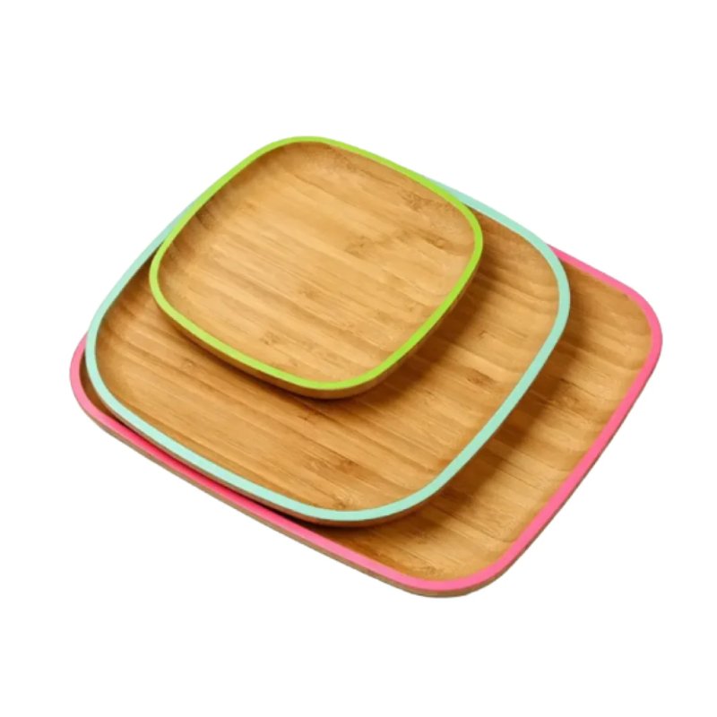 Nested Rounded Square Bamboo Tray with Color Rim for Snacks, Dessert and Table Food Serving