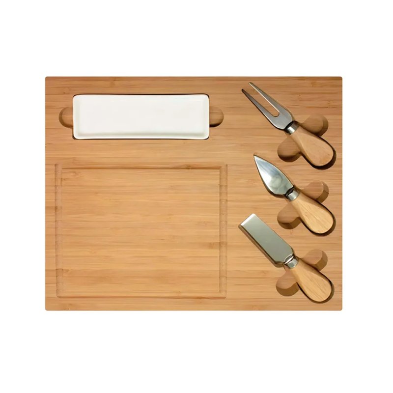 Rectangular Bamboo Cutting Board With Utensils And Ceramic Dish For Cheese Charcuterie Serving