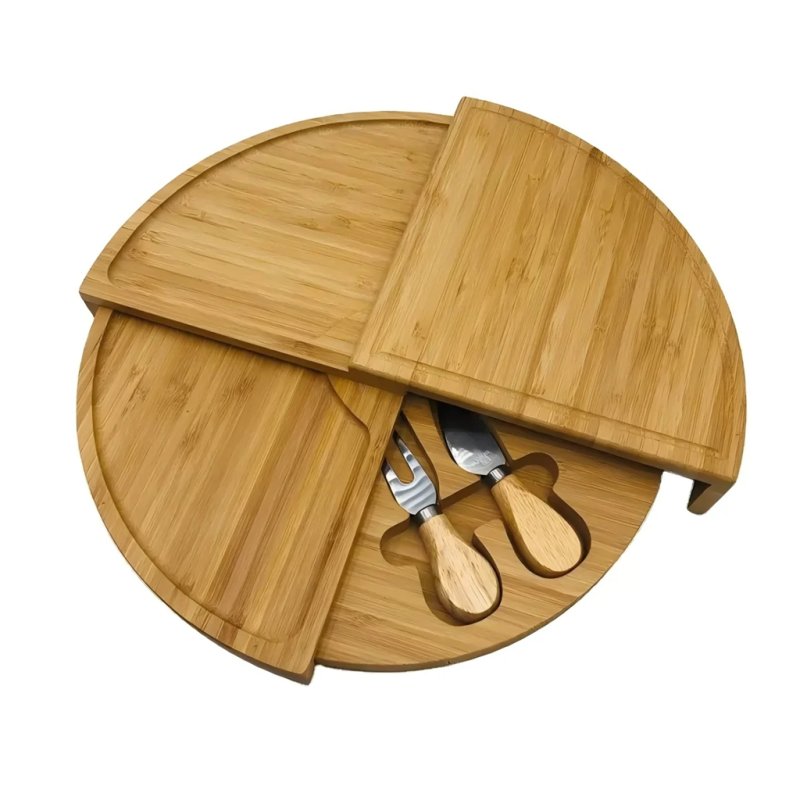 Round Rotatable Bamboo Cheese Board With Utensils For Charcuterie And Party Serving 
